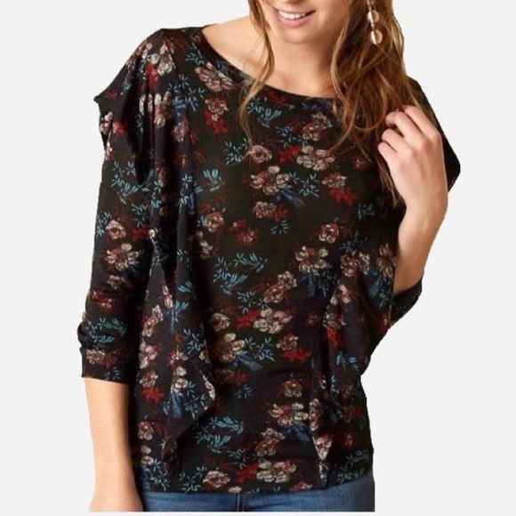 Free People Black Floral Blouse with ruffle overlay size XS Dock Street Top - Picture 1 of 9